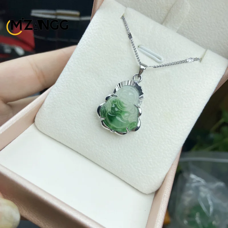 925 Silver Inlaid Jade Buddha Necklace Jadeite Ice Mini Maitreya Buddha Personalized Pendant Lucky Amulet