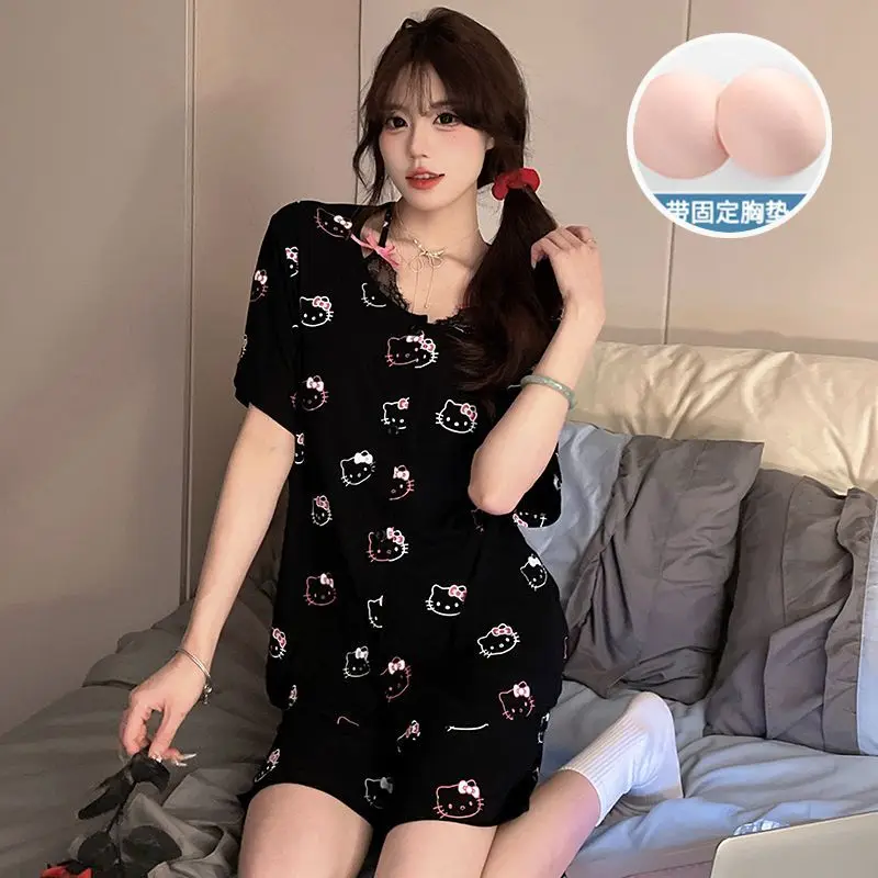 Hello Kitty ฤดูใบไม้ร่วงโพลีเอสเตอร์แขนสั้นกางเกงชุดสองชิ้นชุดนอนสตรีชุดนอนผ้าไหมผู้หญิงสบายๆหลวมเสื้อผ้าชุด