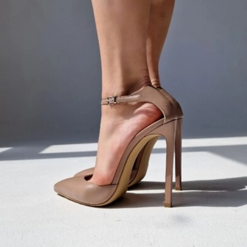 

Modern Matte Leather Nude Pumps V Cut Pointed Toe Ankle Strap Stiletto High Heels 12cm 10cm 8cm Female Evening Party Shoes