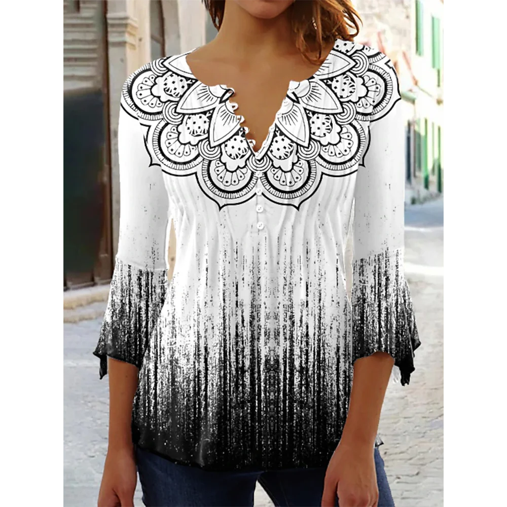 Camiseta holgada con botones para mujer, ropa cómoda con cuello en V, Top de manga de siete cuartos con estampado 3D, moda de verano