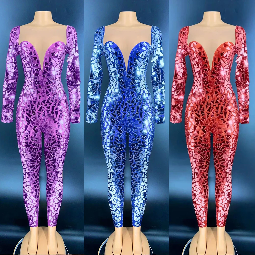 

Mirror Shard Glitter Long Sleeve Sheer Jumpsuit Birthday Celebration Costume Evening Wear Women's Dance Jumpsuit