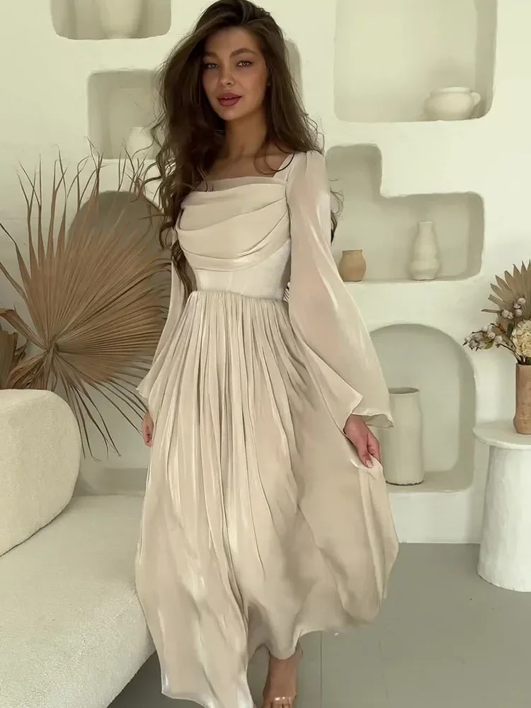 Elegant Satin Pleated Long Dress Women Summer Fashion Solid Color Sexy Slim Long Sleeve Party Dinner Dress Long Dress 2024