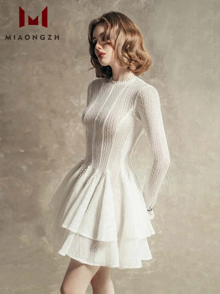 

2025 Spring Summer New Elegant Lace Gauze Mesh O Neck Dresses For Women Long Sleeve Hollow Texture Ruffles HemSlim Party Dress