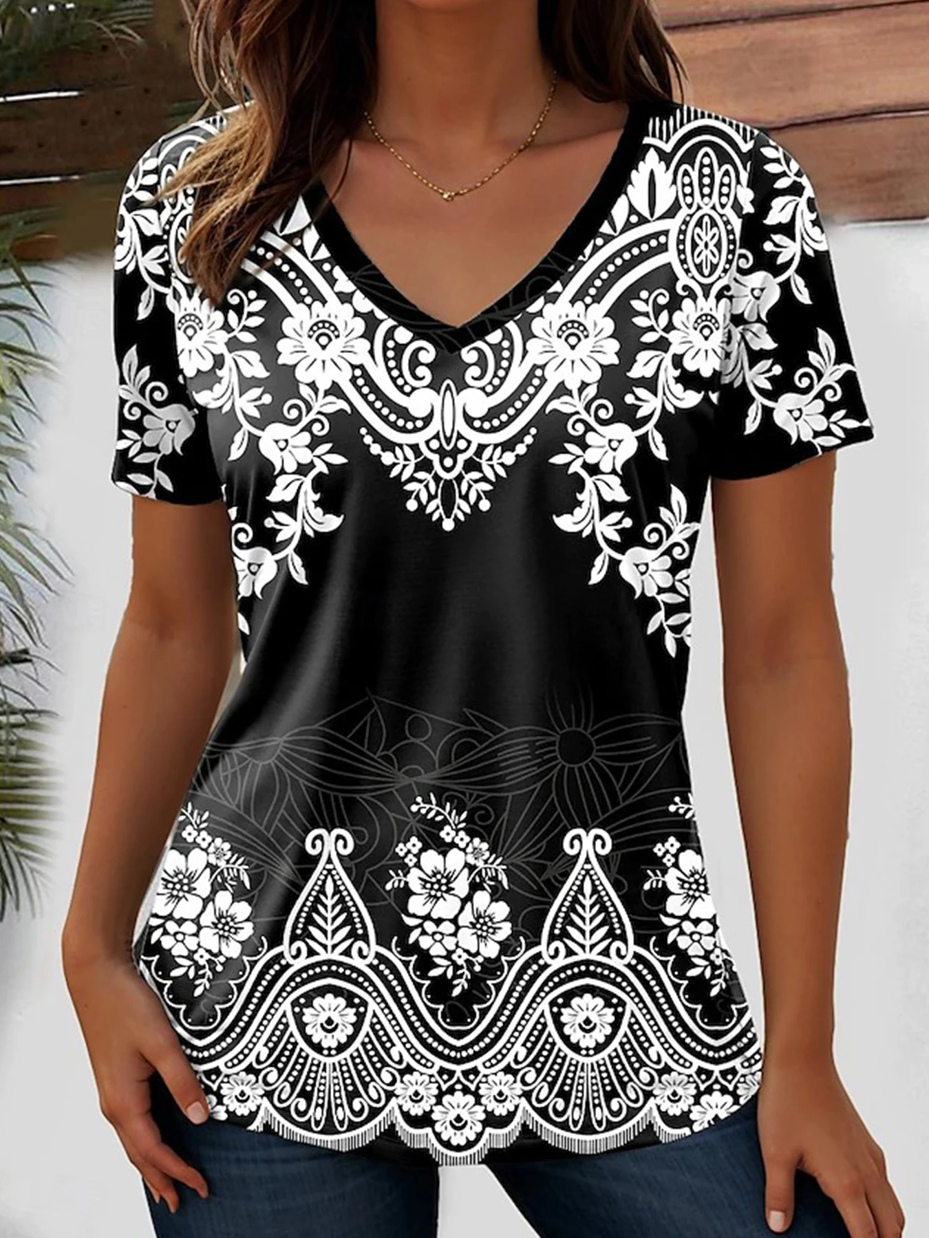 Women’s Tunic Tops Geometric Graphic Paisley T Shirt Casual Short Sleeve V Neck Summer Regular Tops Daily Going Out Beachwear