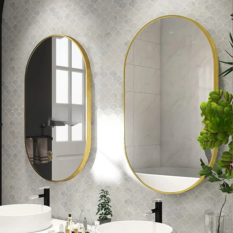 Nordic Oval Glass Bathroom Mirror Wall Mounted Design Unbreakable Bathroom Mirror Gold Frame Espejos Con Luces Indoor Supplies