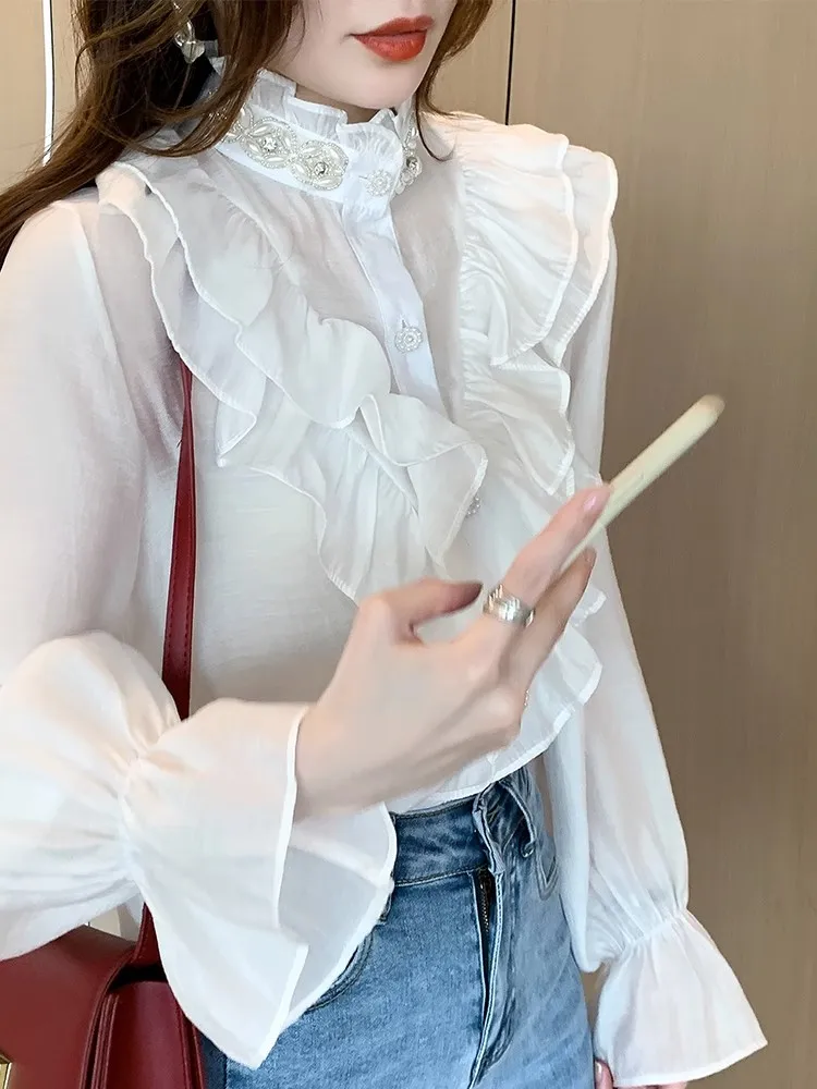 Stand Collar Transparent Women Shirts Blusas Feminine 2023 New Ruffle Blouses Shirt Cardigan Women Top Shirt