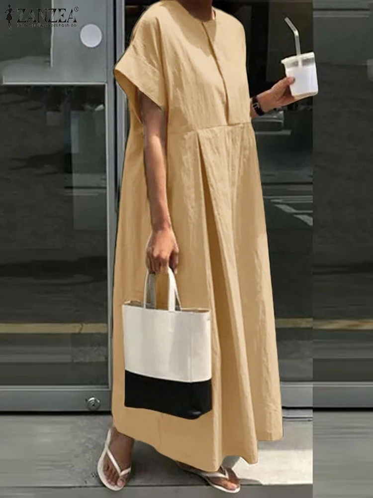 2023 ZANZEA Sommer Kleid Stilvolle Frauen Lose Kleider Casual O Hals Kurzarm Sommerkleid Solide Gefaltete Lange Robe Arbeit Vestidos