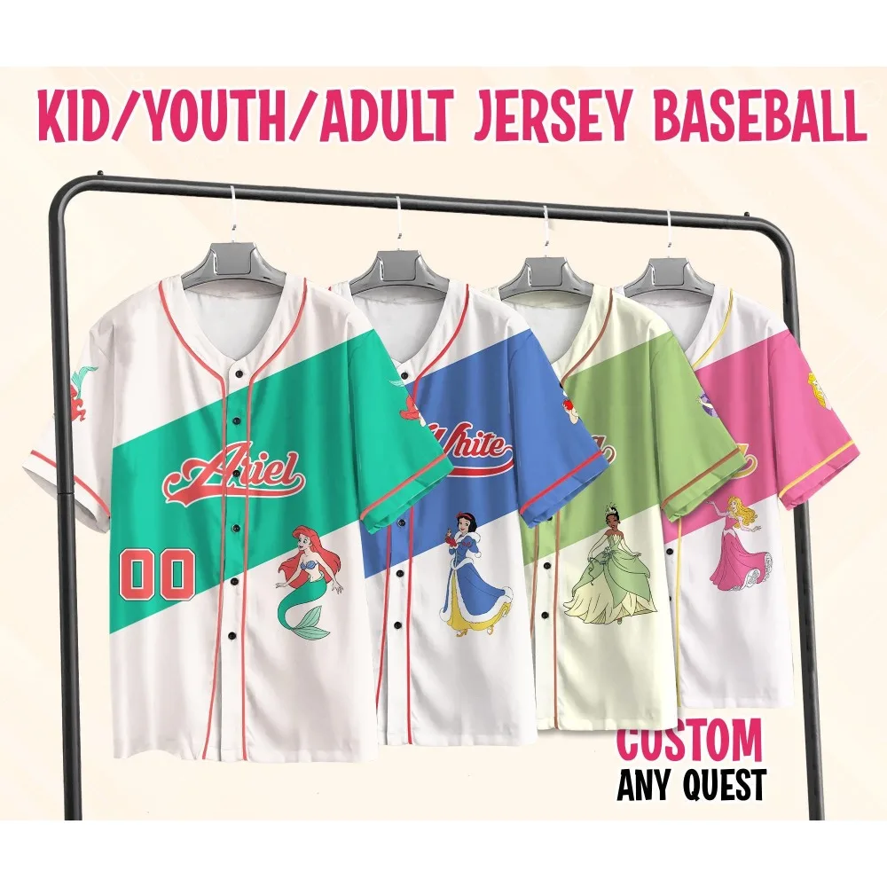 

Custom Disney Princess Baseball Jersey Collection Retro Shirt Princess Baseball Shirt Custom Kid Youth Adult Mens Fashion