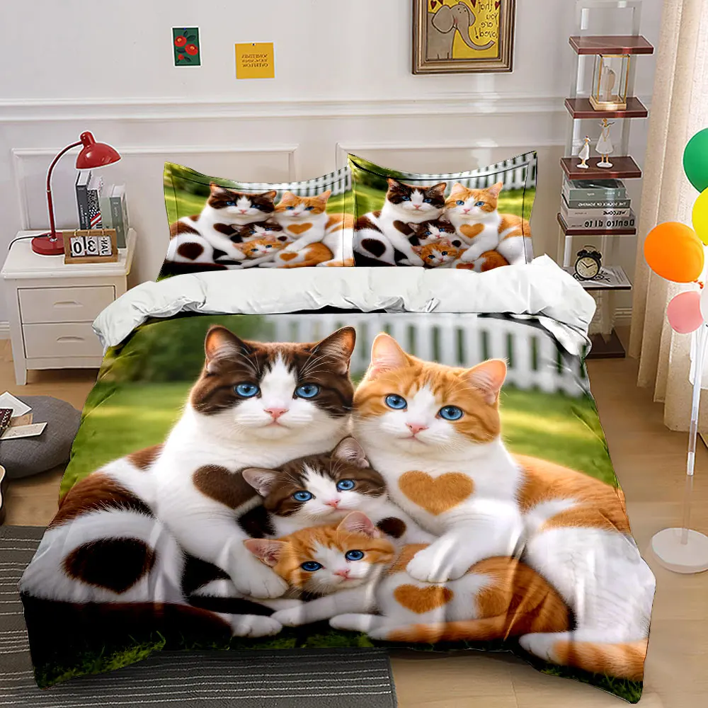 Blue-eyed cats with heart patterns Bedding Set for Kids Luxury Gift 3pcs Digital Print Comforter Set Soft Comfortable Breathable