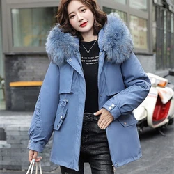2023 Winter New Women Parka Big Fur Collar Thicken Warm Snow Wear Parkas Loose Wool Liner Hooded Jacket Fashion Mid-Length Coat