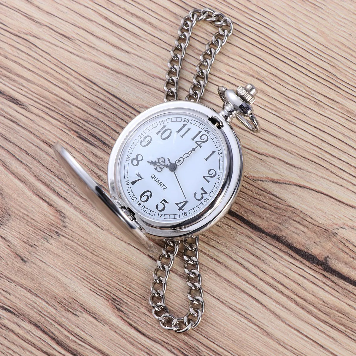 

Vintage Pocket Watch Men Mechanical Silver Round Dial 12H 24H Time Display Stainless Acrylic Removable Chain Hook