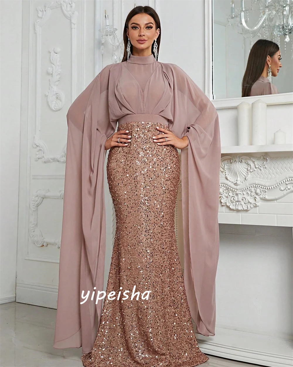 Customized  Chiffon Sequined Evening Mermaid High Collar Bespoke Occasion Gown Long Dresses Sexy Casual 