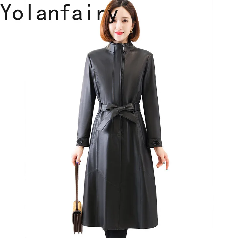 YOLANFAIRY Sheepskin Genuine Leather Jacket Woman Spring Autumn Coat Stand Collar Jackets Lace-up Style Куртка Женская Кожаная