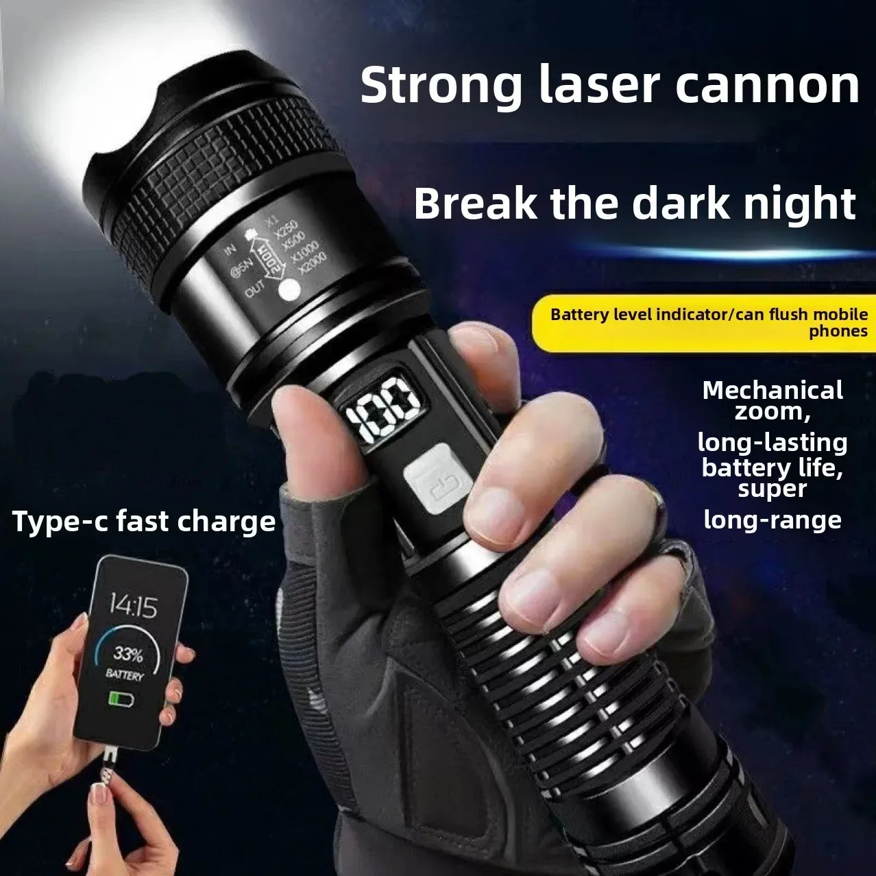 

Pop Rechargeable LED Flashlight Zoomable Torch With LCD Display 3 Modes Waterproof High Power Hand Light Outdoor Wilderness Camp
