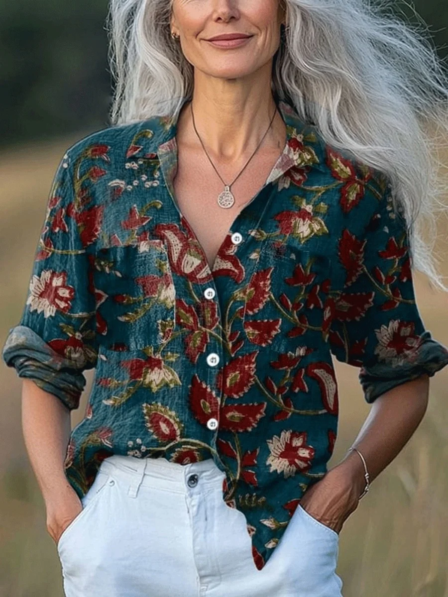 Nova camisa básica de manga comprida masculina e feminina de estilo europeu. Novo top casual com camisa com estampa floral estilo boêmio.
