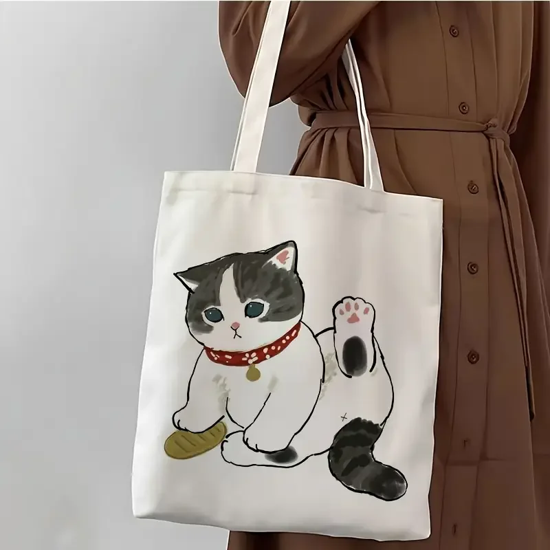 Cute Cat Print Tote Bag, Large Capacity Shoulder Shopping Bag for Leisure and Everyday Use Multipurpose Reusable Fashion Handbag