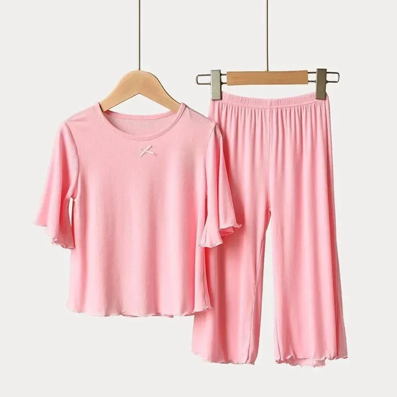 Conjuntos de Verano para Niñas, Conjunto de Manga Corta de Seda de Hielo, 2 Piezas, Ropa para el Hogar, 2-10 Años, Pijamas de Color Puro para Niñas