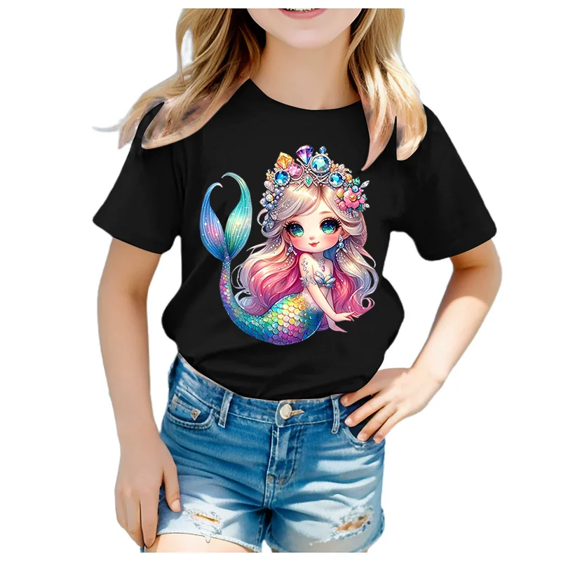 

Очаровательная футболка для девочек с принтом «Принцесса-русалка», летняя, с круглым вырезом, коротким рукавом, из мягкой полиэстеровой ткани, детская верхняя одежда