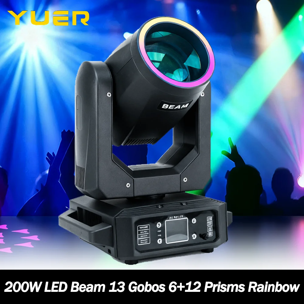 

YUER 200 Вт светодиодный луч с подвижным головным светом и кольцом 13 гобо, 8 цветов, 6 + 12 призмов, эффект радуги, DMX512 для DJ, дискотеки, бара, клуба