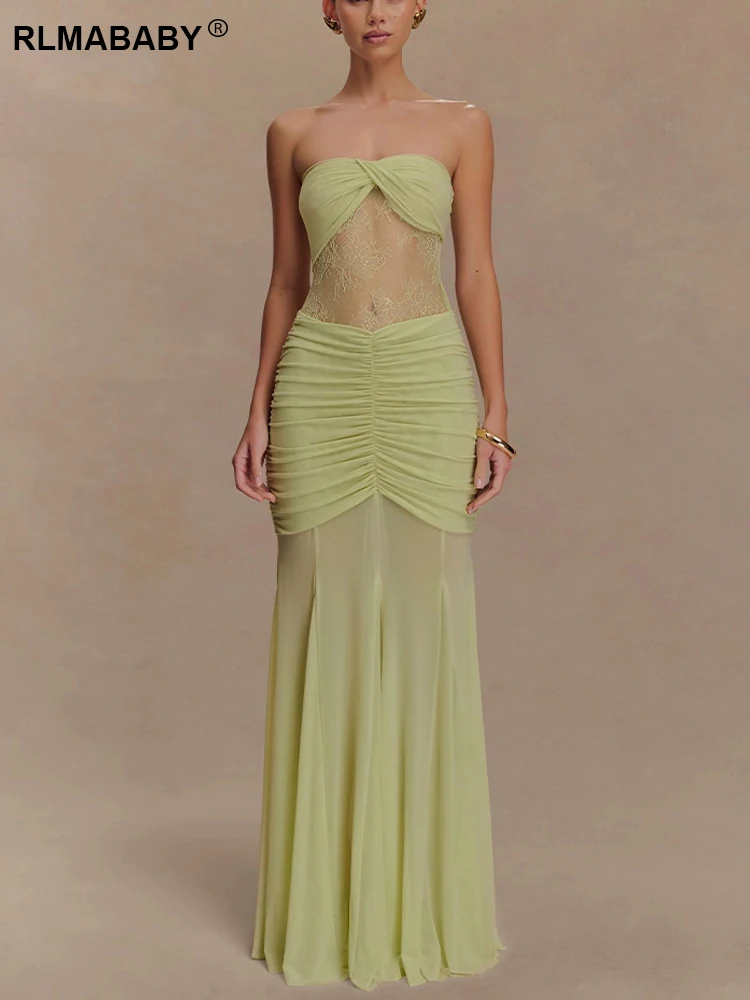 RLMABABY セクシーなパッチワークストラップレス女性スリムマキシドレス夏のレースメッシュスプライシングバックレスカットアウトシャーリングパーティーロングドレス