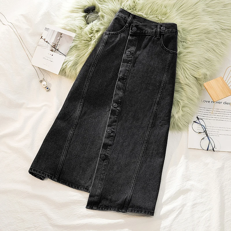 Oversized Spring Autumn Women Black Denim Skirts Chic Design High Waist Irregularity Single Breasted A-line Jean Skirts