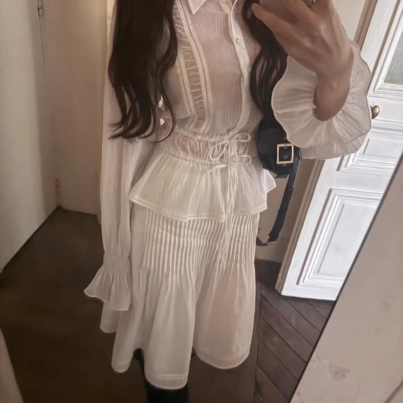 

New Dongdaemun Long Sleeve Shirt Waist Cinching Pleated Halter Neck Set Women's Casual Sportswear Korean Style Four Seasons