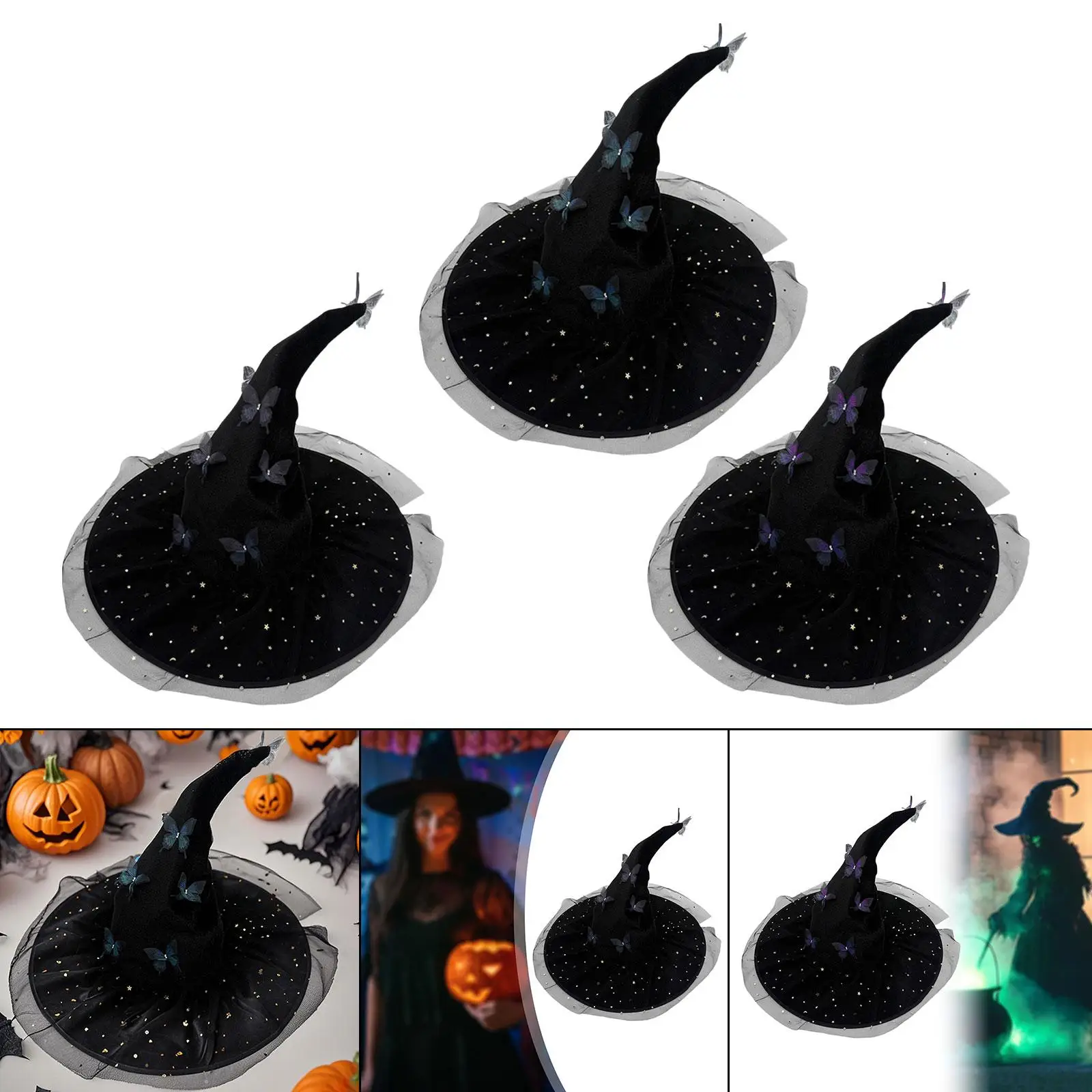 Sombrero de bruja de Halloween con mariposas y malla de estrella para fiesta de cosplay
