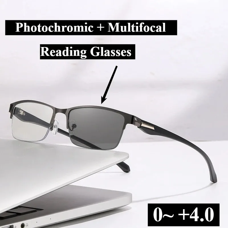0~+4,0 Photochrome + multifokale Lesebrille, automatischer Zoom, 1 Paar Brillen mit mehreren Verwendungsmöglichkeiten, Halbrahmen-Business-Brille