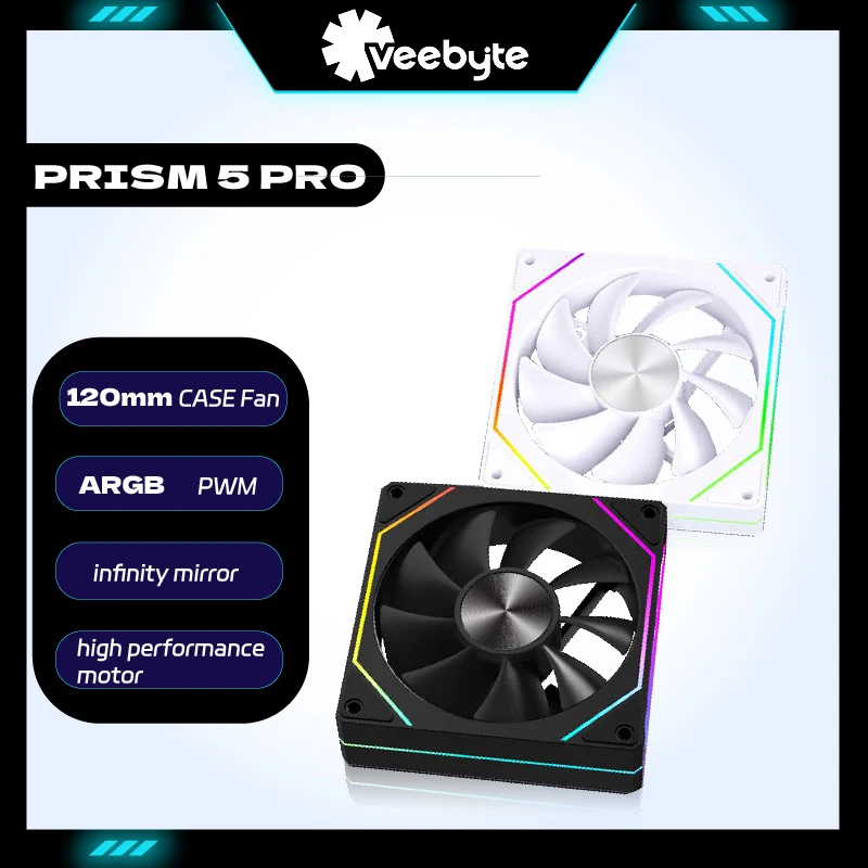 VEEBYTE 5 PRO PRISM PC Fan 12CM ARGB 4PIN PWM Quiet Cooling Computer Case Fan 12V Large Air Volume 600-1500RPM Ventilador