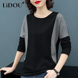 Spring Autumn Round Neck Oversized Patchwork T-shirt Ladies Casual Fashion Pure Cotton Tee Women's Pullover Top Female Clothes