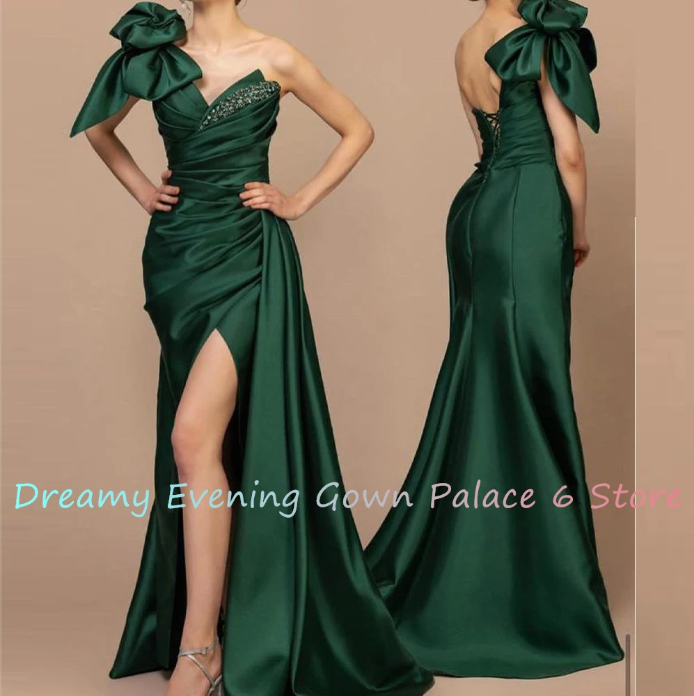 Customized Exquisite Satin Straight One Shoulder Crystal Evening Dress High Quality Side Slit Floor Length vestidos de fiesta