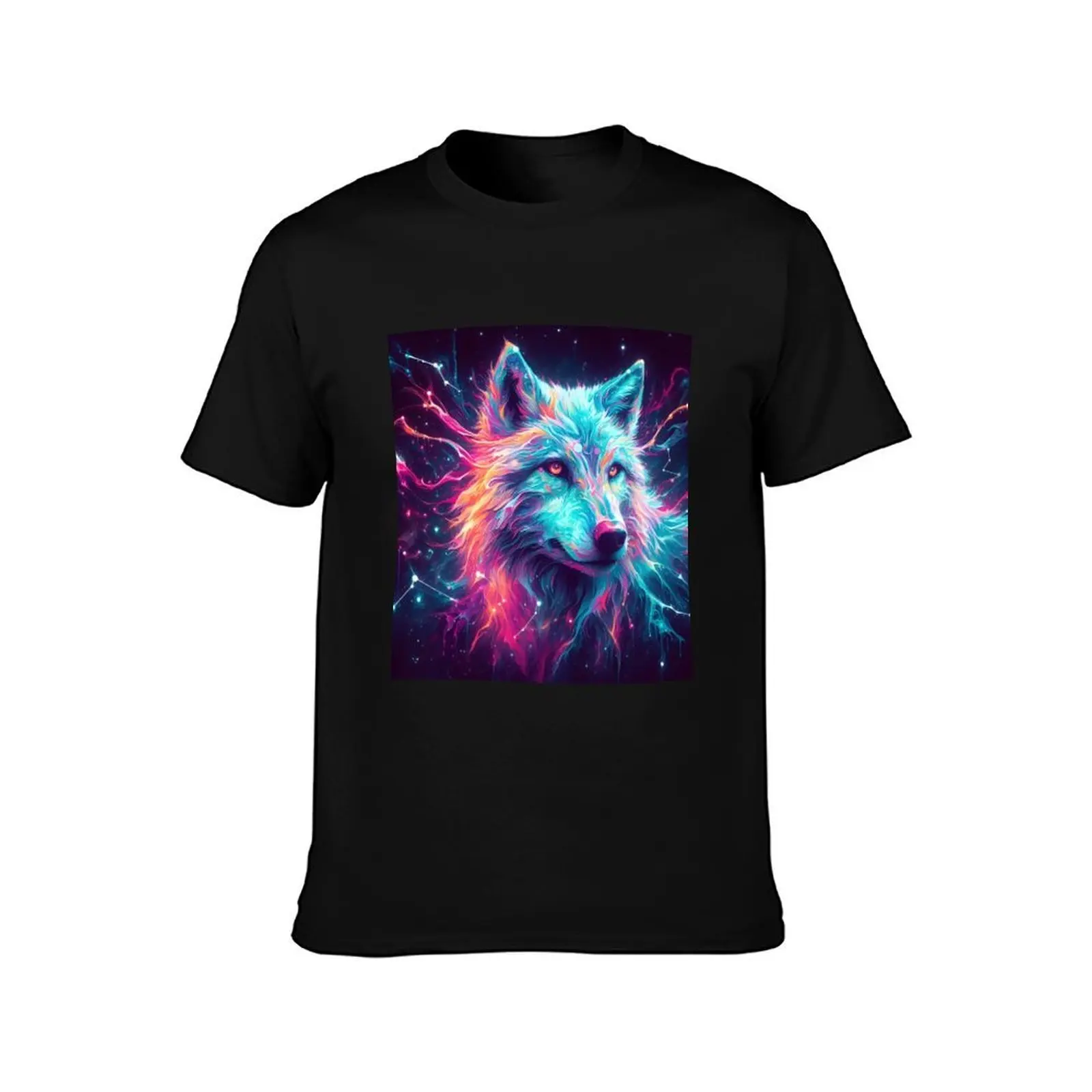 Starry Wolf T-Shirt, Summer Casual Cotton Tee, Oversized Streetwear Tops, Vintage Graphic Print, Loose Fit Short Sleeve