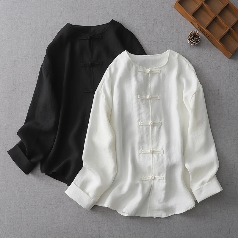 

New Chinese Sle Loose Long Sve irt round Ne Button up Top Simple Commuter Spring Autumn Women's Faion Classic