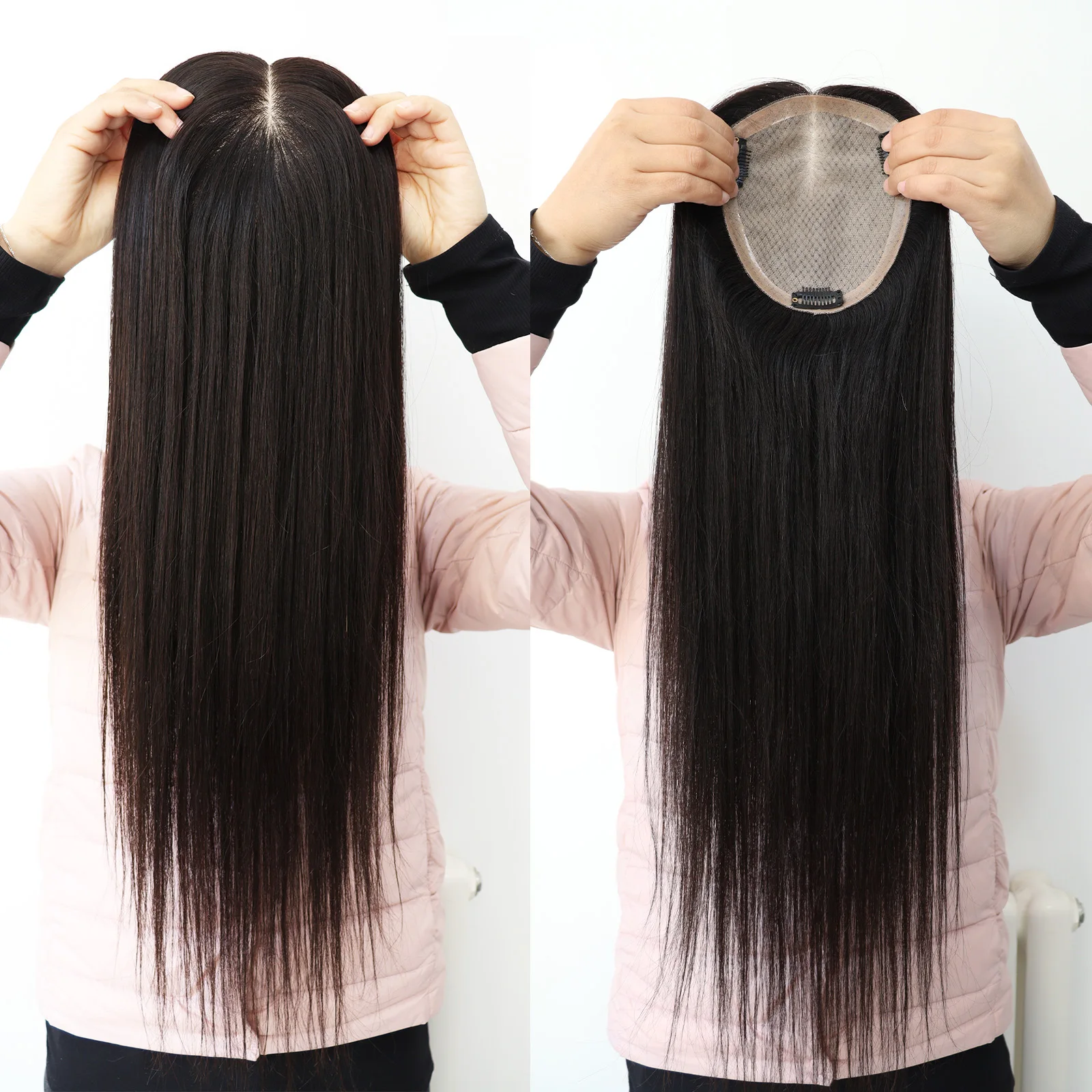 24 ''شعر بشري طويل توبر قاعدة الحرير 15x17 سنتيمتر تنفس ريمي الشعر البشري اليد تعادل الحرير العلوي قطعة شعر مع مقاطع في بولي PU حول #2