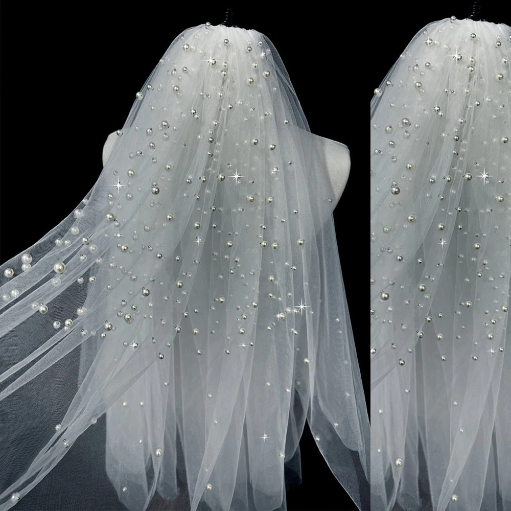 

Свадебная фата с жемчугом, тюль, 2 т, элегантная фата для невесты, короткая фата для свадебной вечеринки с расческой, двухслойная