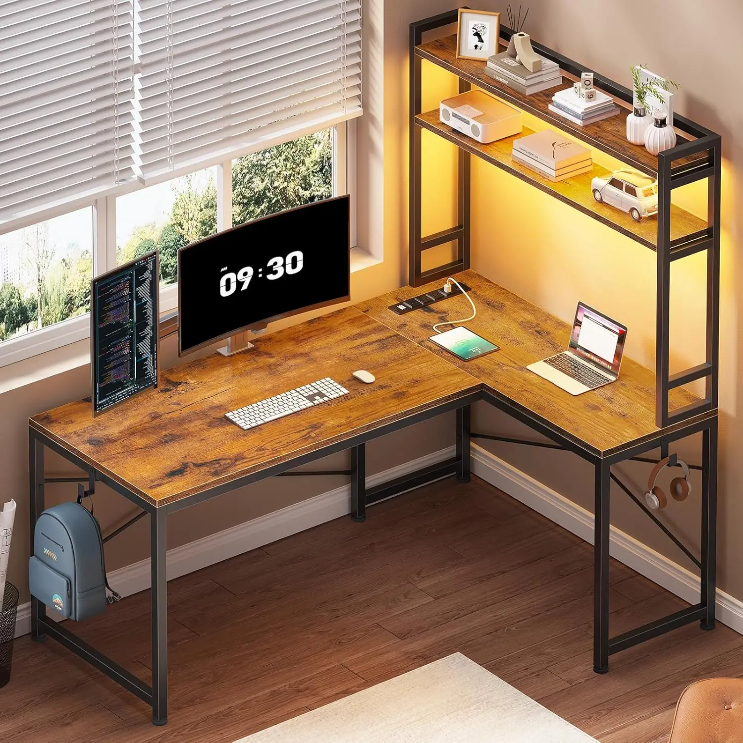 

L Shaped Desk with Hutch, 45.3” Reversible Home Office Desk, L Shaped Gaming Desk with LED Lights, Power Outlet, Storage