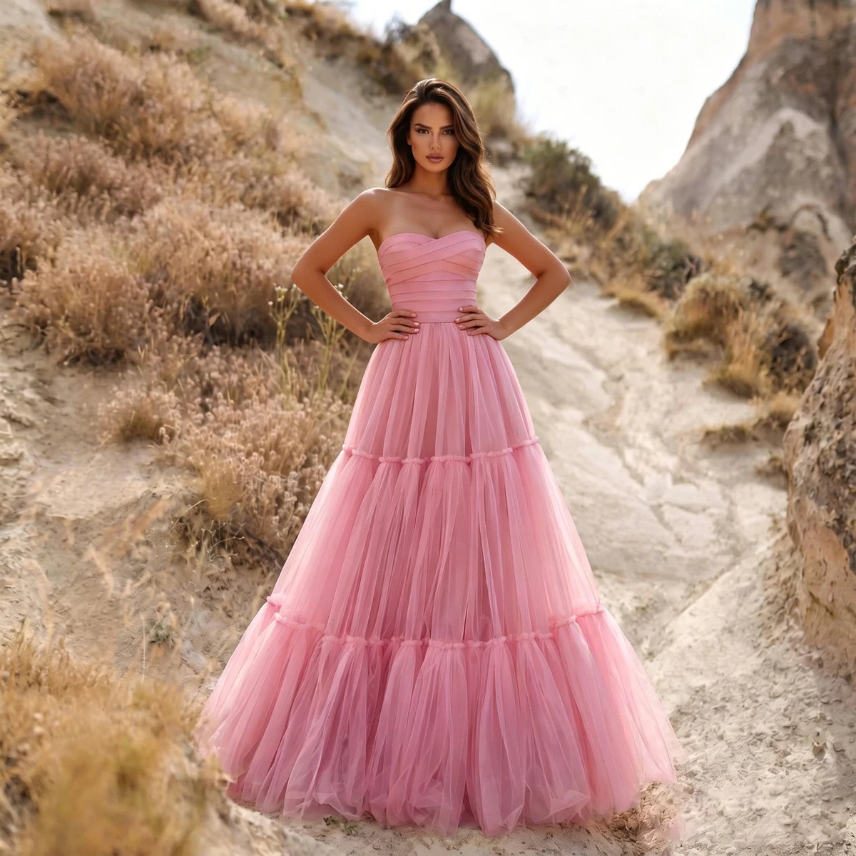 

Beach Strapless Tulle Prom Dresses For Teens Backless Evening Gown Long Puffy Homecoming Dress