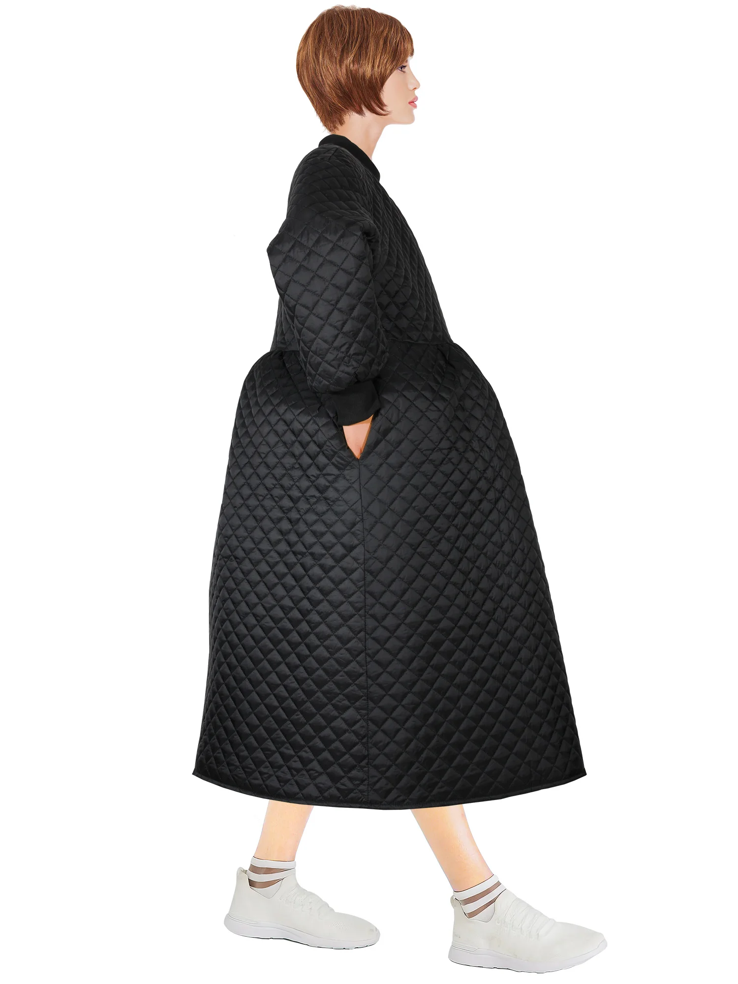 Puff Piece Black Dress Literary Solid Round Neck Large Swing Lantern Sleeve Cotton Coat