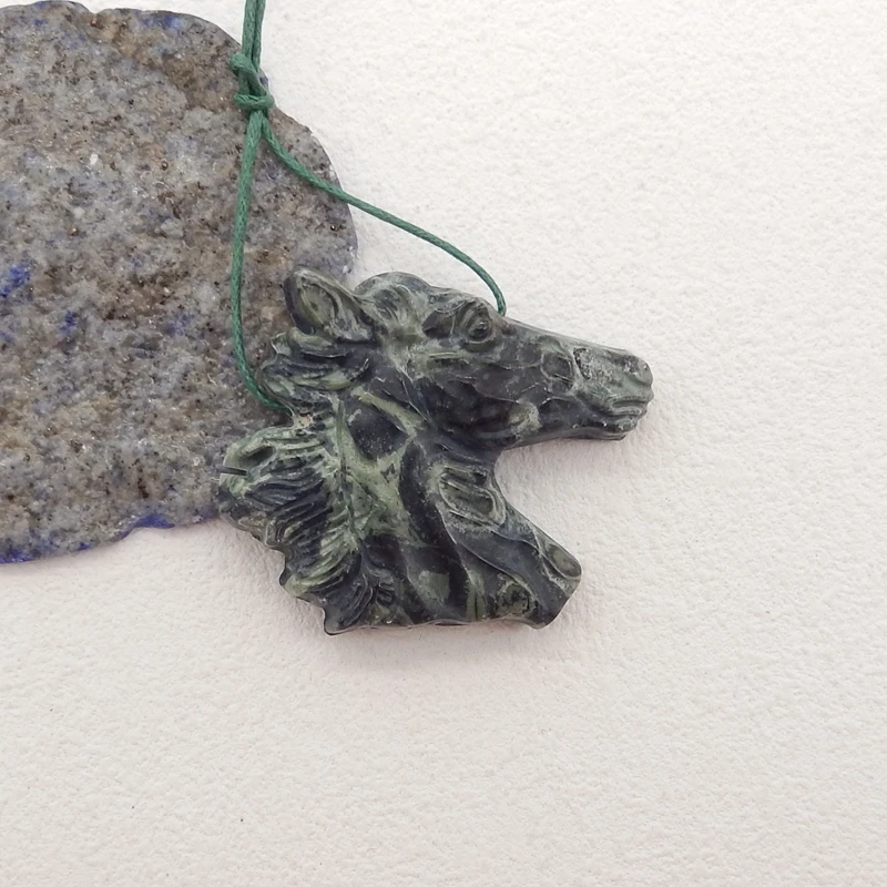 Natural Stone Ocean Kambaba Carved Horse Head Pendant Bead,Semiprecious Fashion Jewelry, Necklace Accessories,46x49x8mm,23g