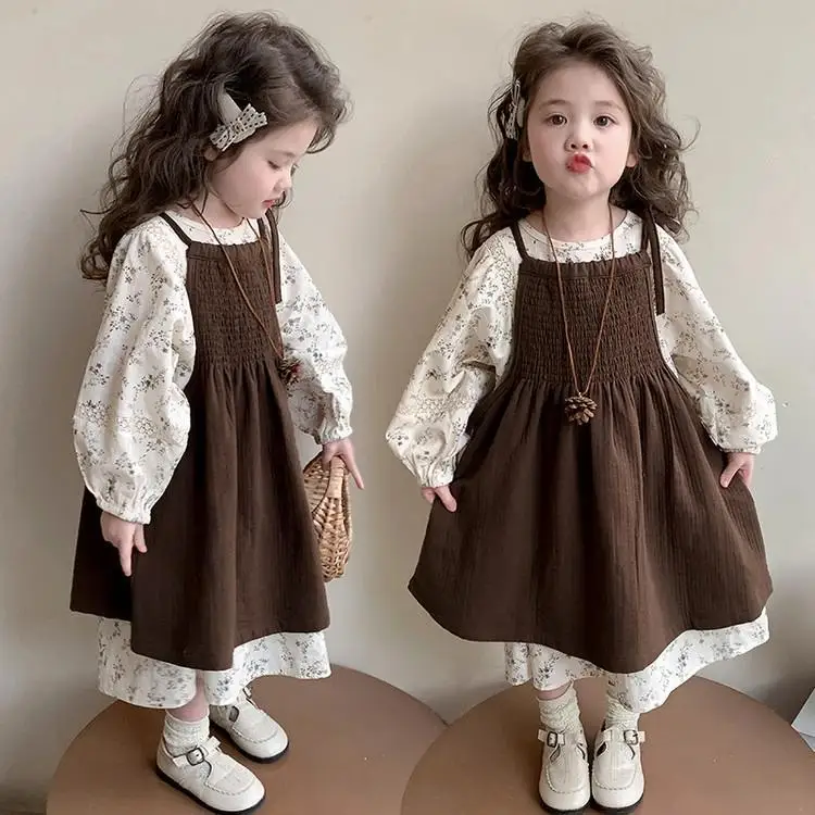 Spring New Sweet Floral Girl's Dress Set Long Sleeve Two Pieces Korean Style Polyester Fiber Princess Skirt for Kids Girls