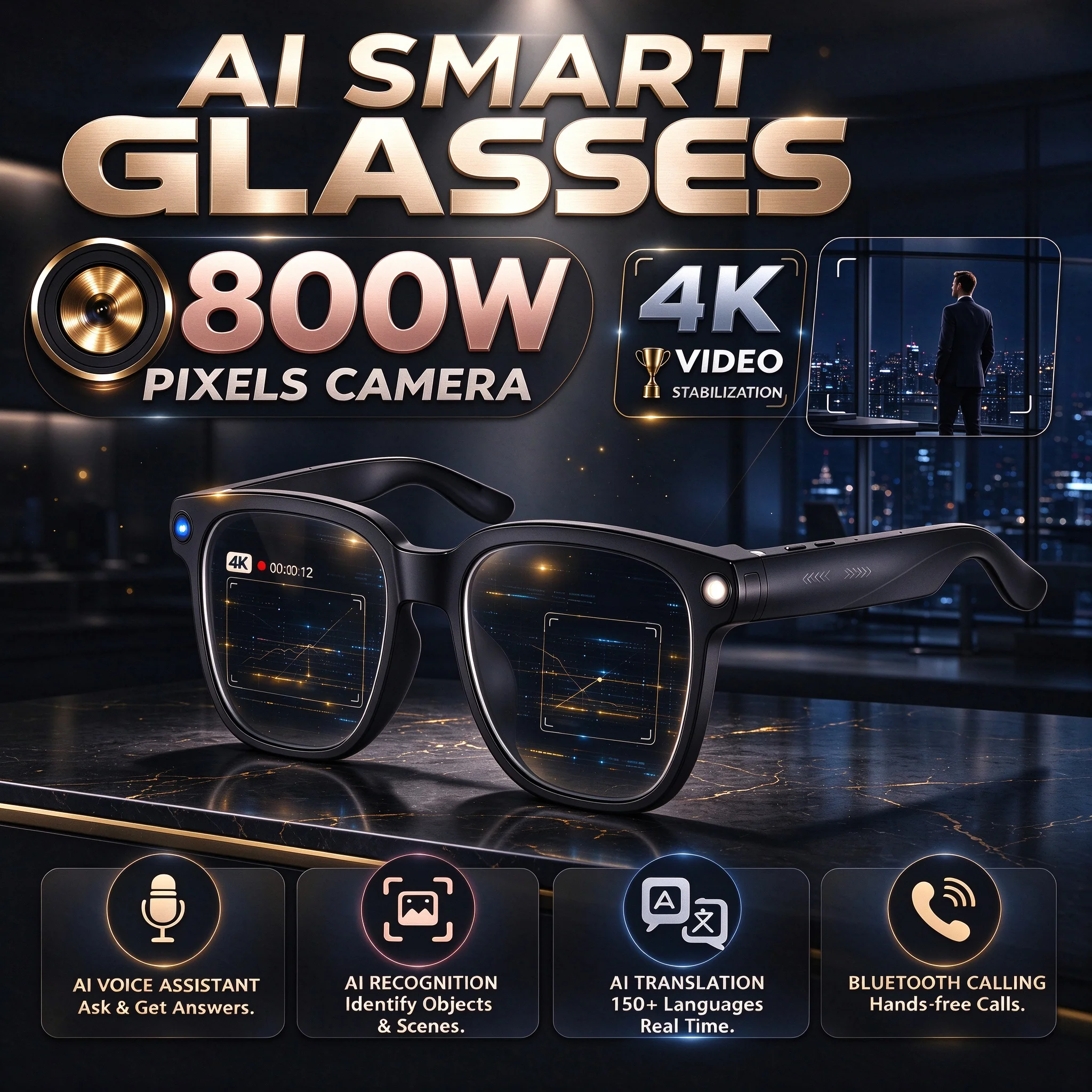 New Ai Smart Glasses 8mp Camera 4k Video Stabilization Ai Translation 150+ Languages Bluetooth Calling  Wifi Transfer Sunglasses