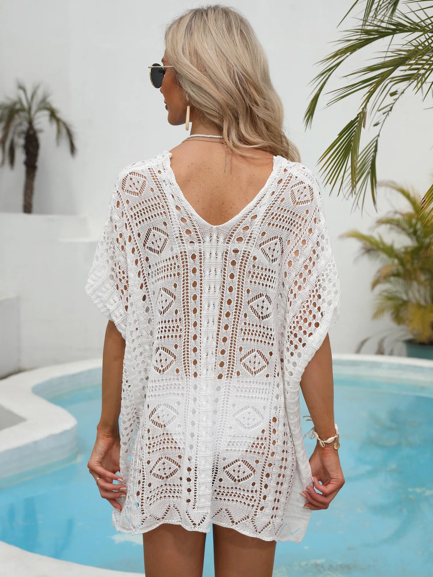 المرأة مثير بيكيني التستر محبوك الجوف خارج العميق الخامس الرقبة سبليت فستان شاطئ قصير قصير تونك نمط هندسي فضفاض بحر