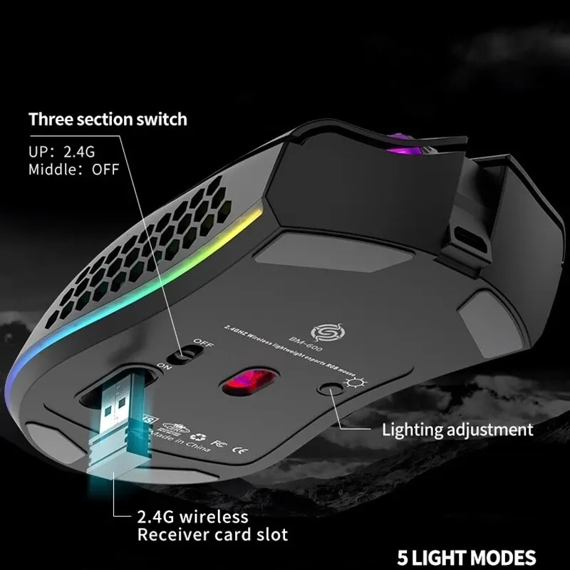 BM600 Recarregável Gaming Mouse USB 2.4G Sem Fio RGB Luz Honeycomb Gaming Mouse Desktop PC Computadores Notebook Laptop Mice