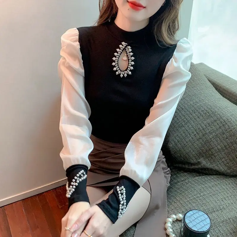 Spring Autumn New Hollow Out Slim Patchwork Shirt Tops Long Sleeve Solid Youth Elegant Tops Tees Fashion Korean Women Clothing