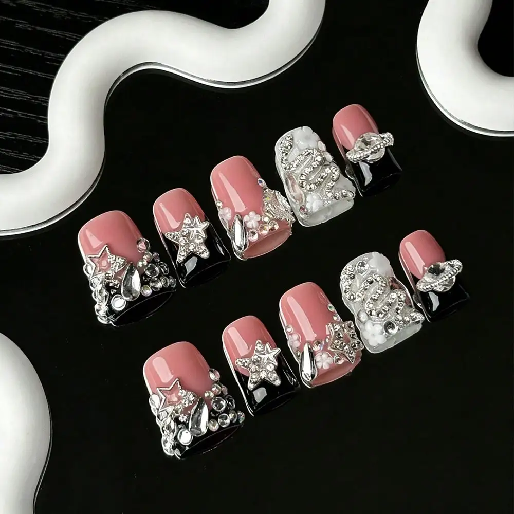 

Набор из 10 накладных ногтей Y2K в стиле «утиный клюв», с дизайном «Змея, цветок, планета, звезда» и глазурованным френч-теппом, нюдовые и черные наборы для нейл-арта и идея для подарка