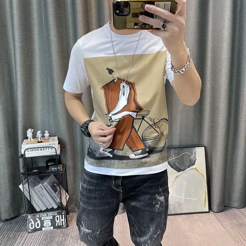 Fashion O-Neck All-match Cartoon Printed T-Shirts Men\'s Clothing 2024 Summer New Loose Korean Short Sleeve Tops Casual Tee Shirt