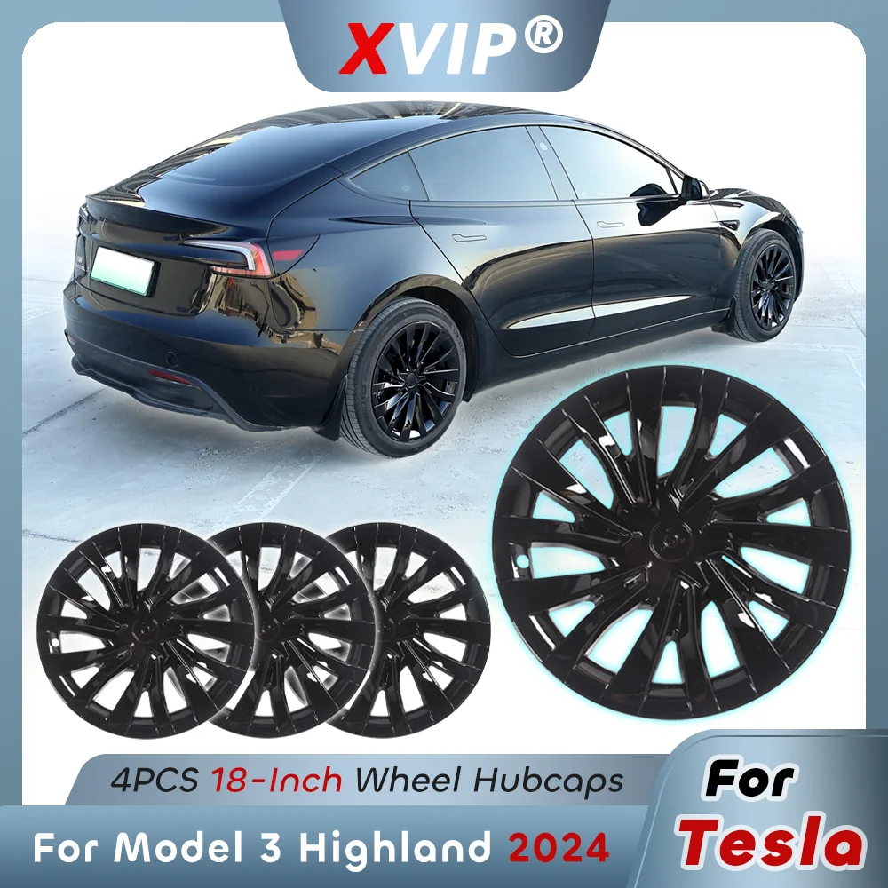 XVIP Hubcaps For Tesla Model 3 Highland 2024 18 Inch Full Edge Wrap Style Wheel Hub Cover Rim Protector Glossy Black Matte Black