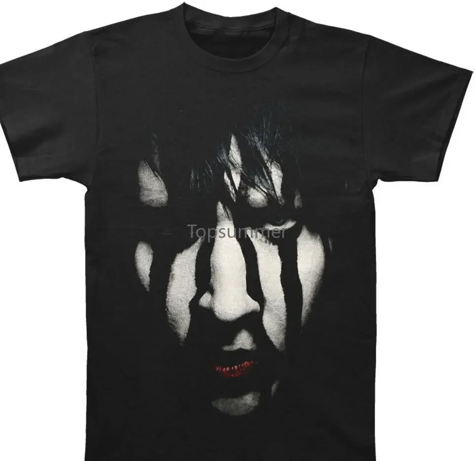 Print Tees Short Sleeve O-Neck Marilyn Manson Men'S Striped Face 2013 Tour T-Shirt Black