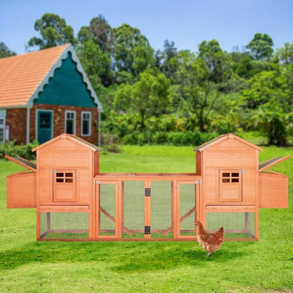 

Outdoor Wooden Chicken Coop 124" Large Hen Cage with Door, Removable Ramp Garden Backyard Pet House Chicken Nesting Box