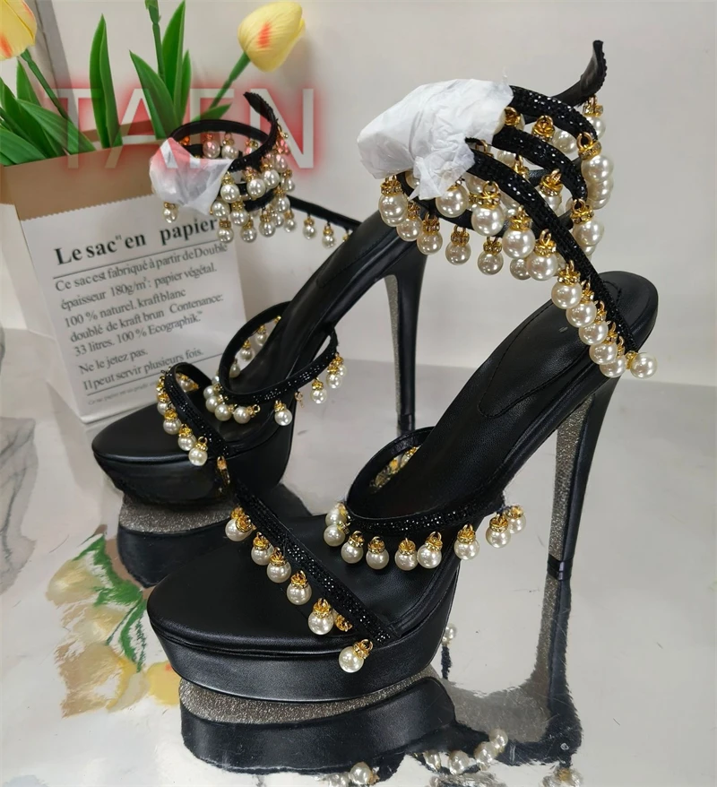 

Women Pearl Wrap Sandals Sexy Peep Toe Stiletto Heels Snake-link Ankle Strap Sandals Ladies Fashion Catwalk Party Dress Shoes